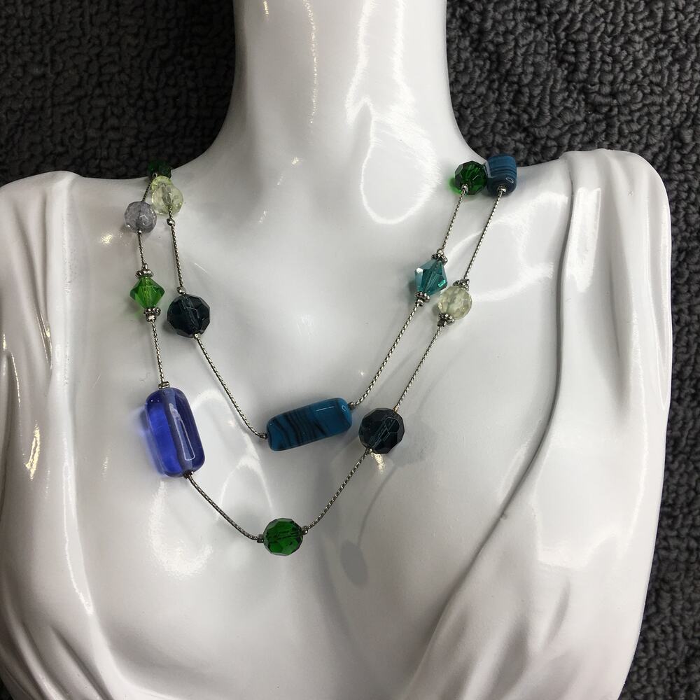 Lia Sophia Double Strand Glass Stone Bead Necklace Blue Green Clear Silver Tone